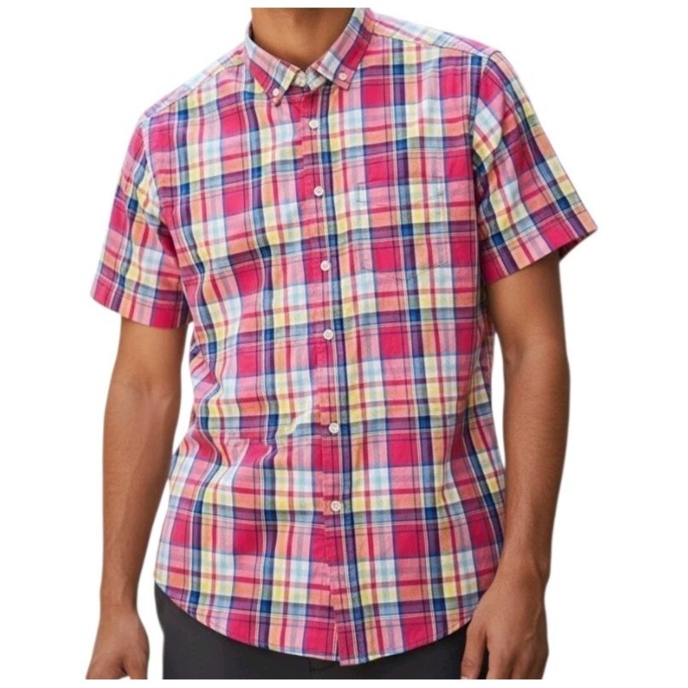 Club Room Mens Button Down Shirt Size Medium Cotton Stretch Short Sleeve Plaid